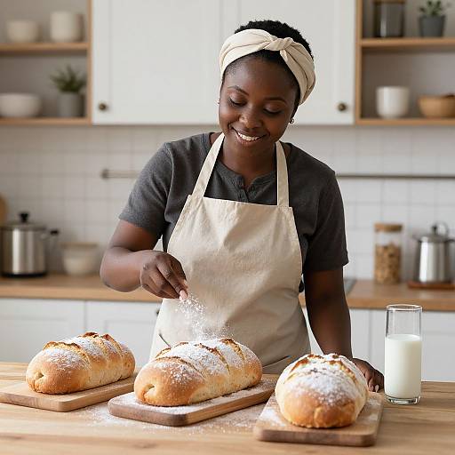 Photograph of smiling Black woman dusting flour on three loaves of bread in a bright, modern kitchen with white cabinets.
