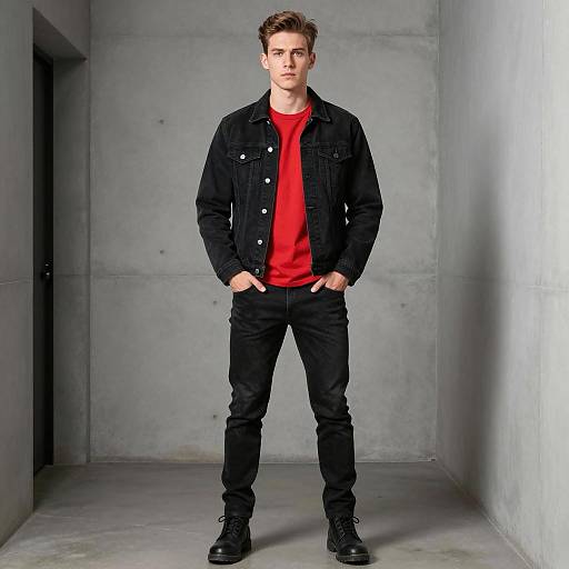 Young Man in Casual Black Denim Outfit