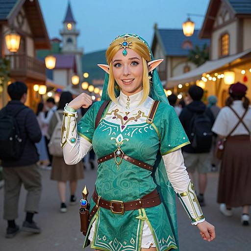 Photograph of a smiling woman cosplaying as Princess Zelda in green Hylian outfit, blonde hair, pointed elf ears, medieval village background.