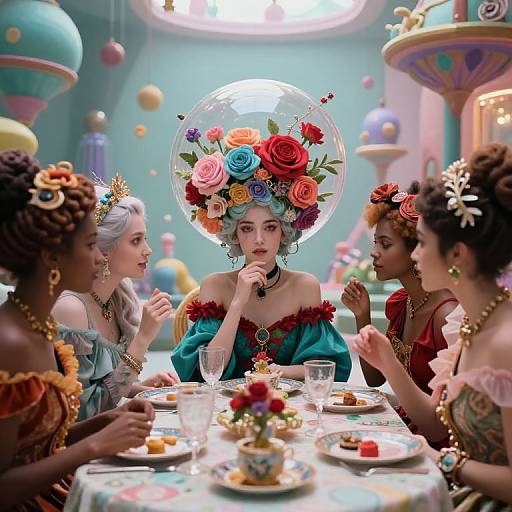 Photorealistic digital art of five women in elaborate, colorful Victorian-inspired dresses, adorned with flowers and hats, dining in a whimsical, pastel