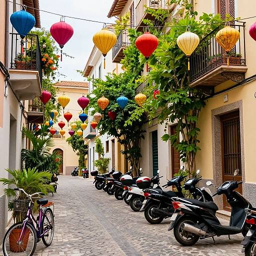 Photograph of a colorful street in a European town, adorned with vibrant hot air balloons overhead, lined with parked motorcycles and bicycles, and surrounded by yellow