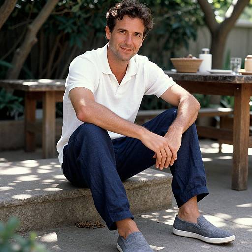 Photograph of a smiling, short-haired man with light brown skin, wearing a white shirt, dark blue pants, and gray slip-on shoes, sitting