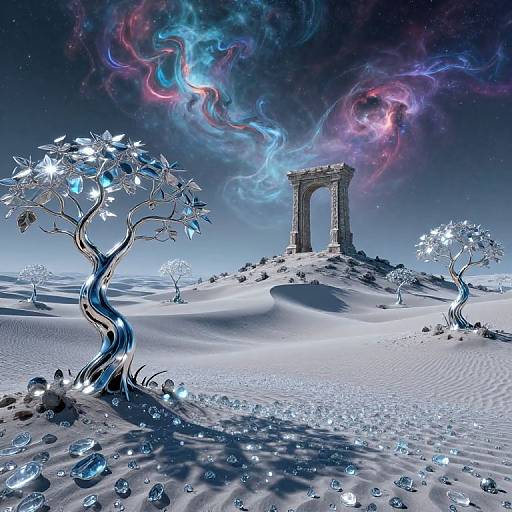 Digital art of a surreal, snowy desert landscape with glowing, ethereal trees, colorful cosmic clouds, and a crumbling ancient archway under a starry