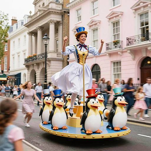 Photograph of a smiling woman in a white Alice in Wonderland dress and blue top hat, standing joyfully on a carousel with penguin figures, in