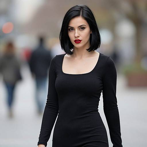 Photograph of a pale-skinned woman with black bob haircut, wearing a form-fitting black long-sleeve dress and bright red lipstick, standing