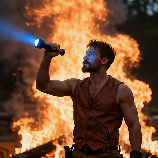 Muscular Bearded Man in Forest Inferno