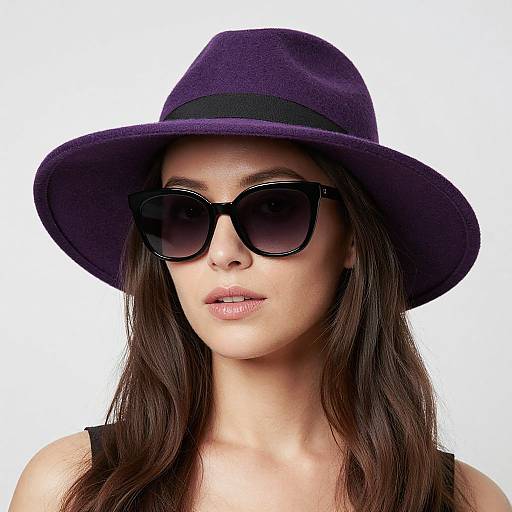 Photograph of a woman with long brown hair, wearing a purple fedora hat and large black sunglasses, against a plain white background.
