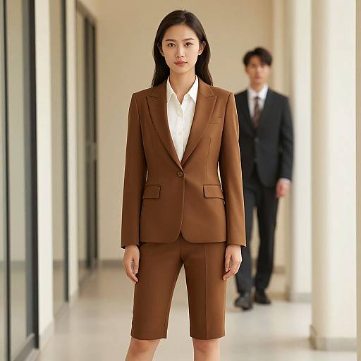Photograph of an Asian woman in a brown suit, white shirt, standing confidently in a modern, sunlit hallway, with a blurred man in a
