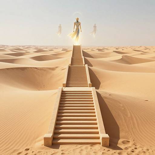 Photorealistic CGI of a sunlit staircase leading through golden desert sand dunes, with a glowing, ethereal figure at the top.