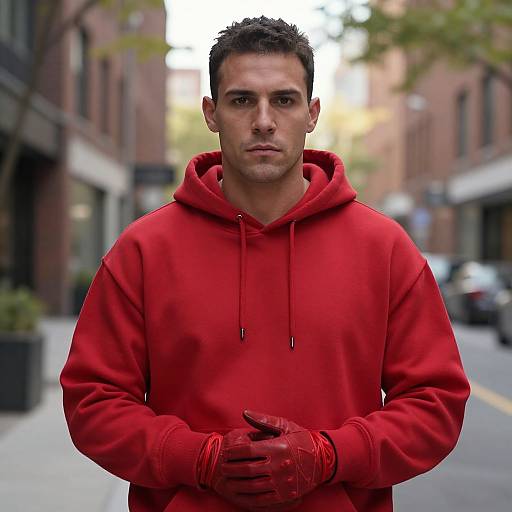 Man in Red Hoodie in Urban Scene