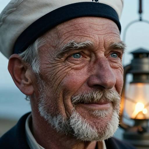 Close-up photograph of an elderly man with weathered skin, white beard, and mustache, wearing a white cap, smiling gently. Background features a