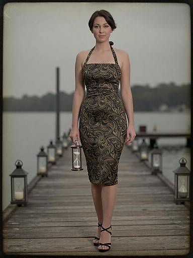 Photograph of a woman with dark hair in a black, strapless, patterned dress, holding a lantern, walking on a wooden dock by a