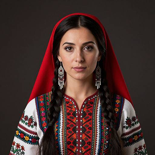 Photograph of a young woman with long black hair in braids, wearing a red headscarf, intricate embroidered white blouse, and dangling silver earrings