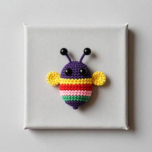 Colorful crocheted bee charm with black eyes, purple body, yellow wings, and multicolored stripes, centered on a white fabric square.