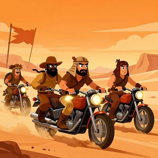 Digital illustration of four cartoon-style, bearded bikers in brown outfits, riding red motorcycles through a sandy, orange desert landscape with a flag in the
