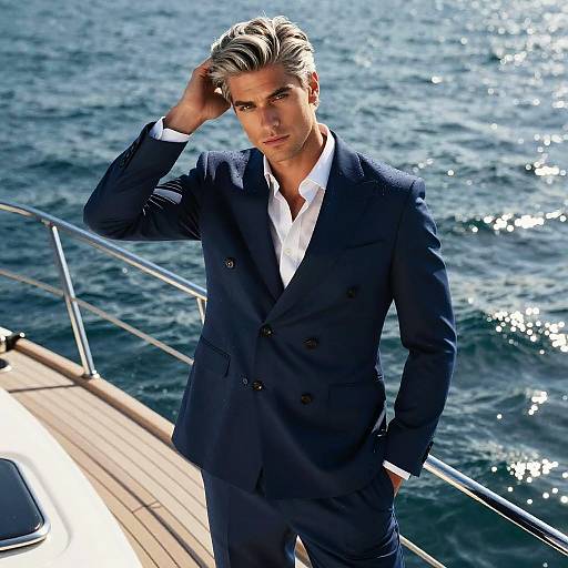 Photograph of a handsome, blonde man in a dark navy double-breasted suit with white shirt, standing on a sunlit boat deck, hand in