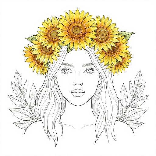 Digital drawing of a woman with sunflower crown, long wavy hair, and sunflower leaves behind her, in black and yellow.