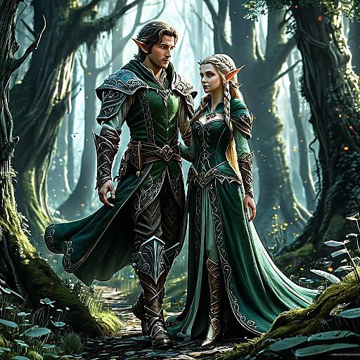Digital artwork of an elf couple in medieval armor standing in a mystical forest, with sunlight filtering through tall trees. The male elf has short dark hair,