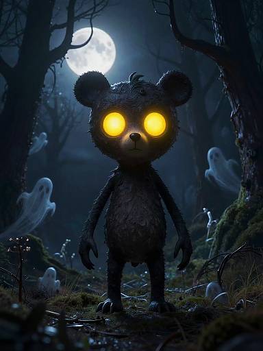 Spooky Stylized Bear Cub in Dark Forest