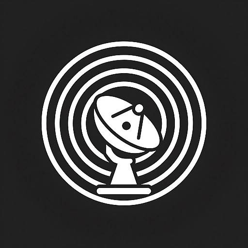 Minimalist white icon of a retro-style globe with a satellite dish, set within two concentric circles on a dark blue background.