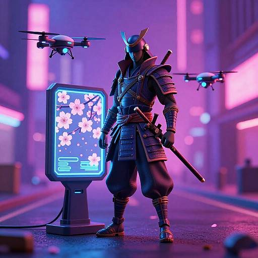 Cyberpunk Samurai Neon Cityscape