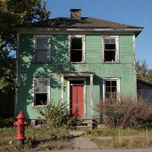 Abandoned Green House with Red Door