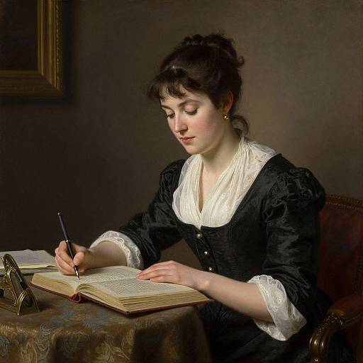 Photograph of a fair-skinned woman with dark hair, wearing a black dress with white lace, writing in an open book at a dimly lit