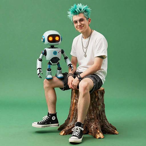 Cyberpunk Youth with Robot Companion