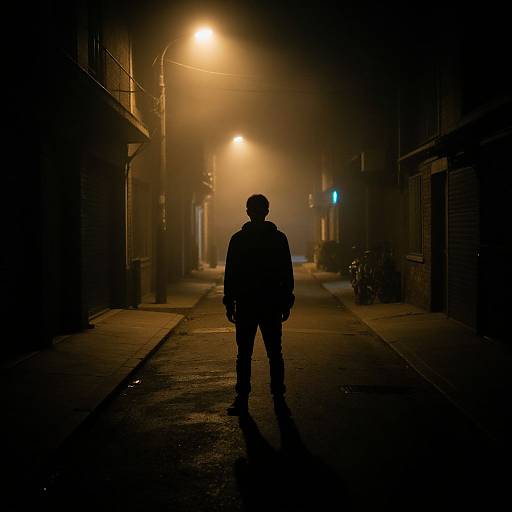 Silhouetted man standing in dimly lit, foggy, deserted street at night, illuminated by yellow streetlights, creating a mysterious, eerie