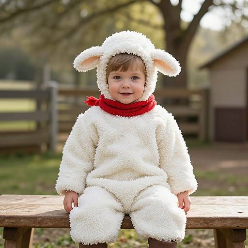 Photograph of a cute toddler in a fluffy white bunny costume with red scarf, sitting on a wooden bench in a sunny, rural yard.