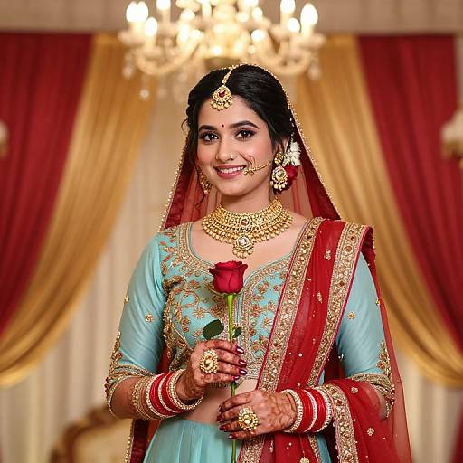 Photograph of a smiling Indian bride in a turquoise and red saree, holding a rose, adorned with gold jewelry, in a luxurious room with gold