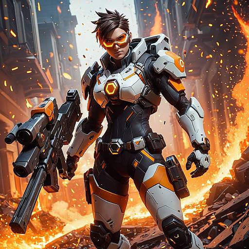 Futuristic Overwatch Hero in Fiery Battle Scene