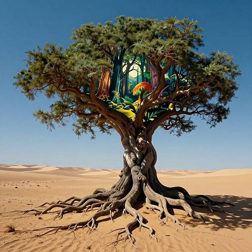 Photorealistic digital artwork of a vibrant, surreal tree in a desert with colorful, abstract leaves and roots extending into sandy dunes under a clear blue
