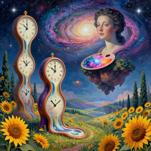 Digital art of a surreal landscape with wavy, glowing clocks, a floating woman with a starry palette, and sunflowers in a starry night