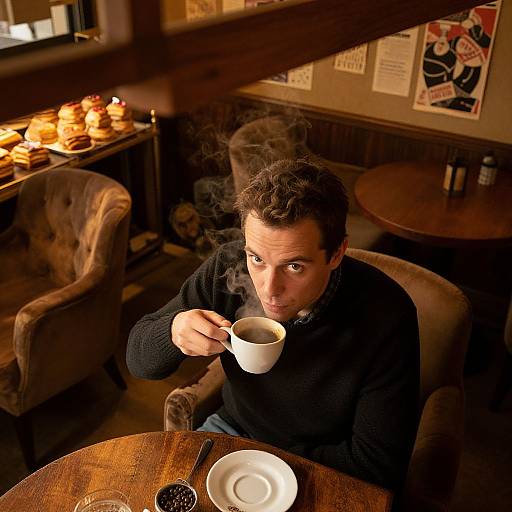 Photograph of a man with curly brown hair, wearing a black sweater, sipping coffee from a white cup in a cozy, dimly-lit