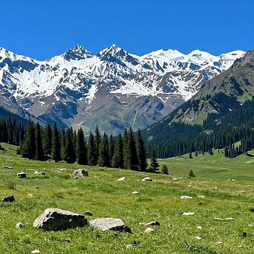 Photograph of a vibrant mountain landscape: snow-capped peaks under a clear blue sky, dark evergreen forest in the mid-ground, and a grass