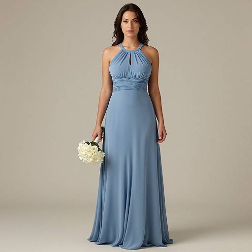 Photograph of a woman with dark wavy hair wearing a sleeveless, halter-neck, blue evening gown, holding white flowers, standing against a