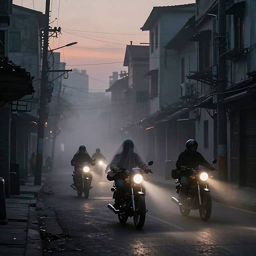 Photograph of three silhouetted motorcyclists with bright headlights riding down a misty, dimly lit urban street at sunset.