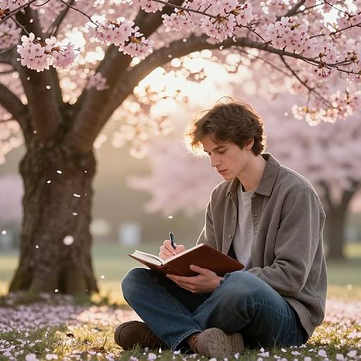 Poet Under Cherry Blossoms at Dawn