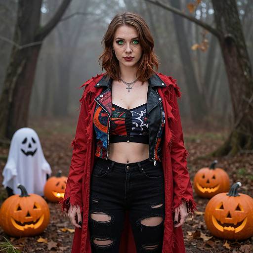 Photograph of a pale-skinned woman with green eyes, red coat, black crop top, and ripped jeans, standing in a foggy forest with