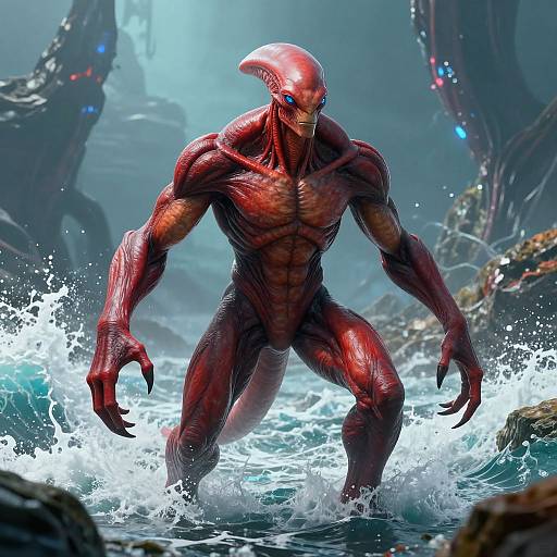 CGI image of a muscular, red-skinned alien with a sleek, helmet-like head, blue eyes, standing in turbulent water, surrounded by futuristic