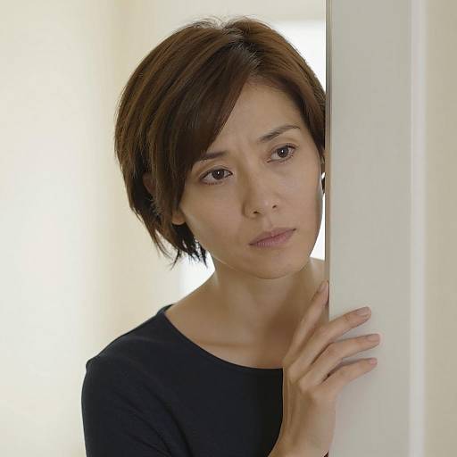 Serious Woman Peeking Around Door Frame