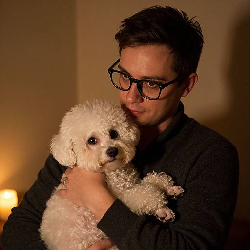 Photograph of a man with dark hair and glasses, wearing a black sweater, gently holding a curly white puppy against a warmly lit background.