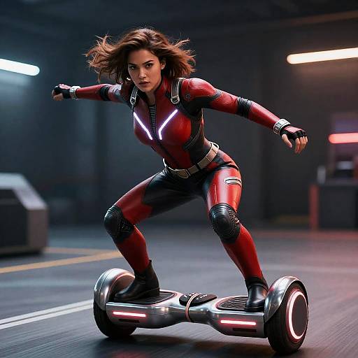 CGI image of a fierce, dark-haired woman in a red, futuristic bodysuit with glowing white accents, riding a sleek, metallic hoverboard