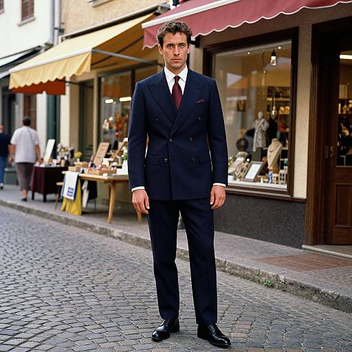 Photograph of a handsome man with curly brown hair, wearing a black double-breasted suit, white shirt, and maroon tie, standing on a