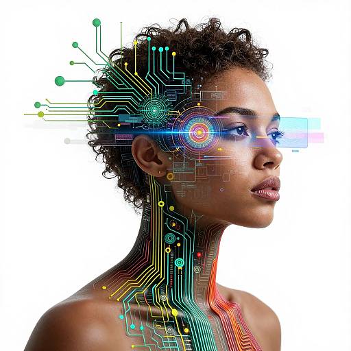 Photorealistic digital artwork of a dark-skinned woman with curly hair, cybernetic circuits and colorful light trails over her face and neck, against