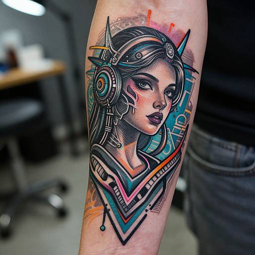 Vibrant tattoo of a futuristic, cyberpunk woman with mechanical headgear, detailed lines, and vibrant colors on a forearm. Background shows blurred office