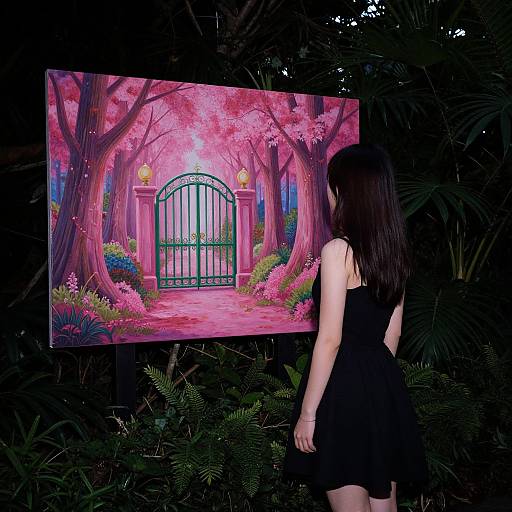 Photograph of a girl with long black hair in a black dress, gazing at a vibrant, pink-tinted, fantasy painting of a gated