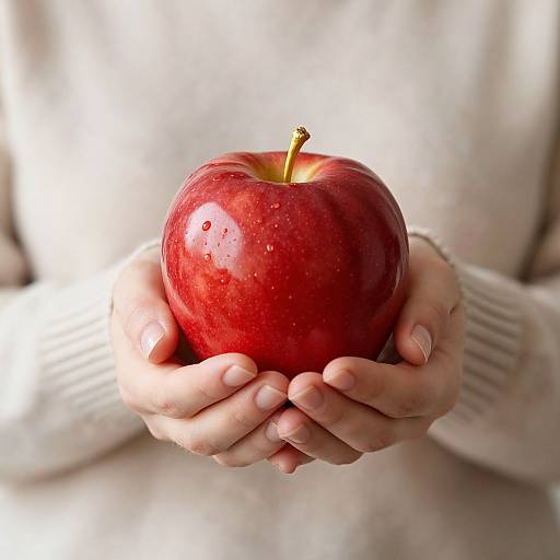 Photograph of pale hands gently holding a shiny red apple with water droplets, against a blurred white background.