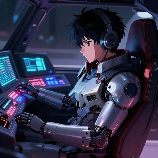 Anime-style digital artwork of a black-haired, young male pilot in a futuristic, metallic suit, controlling glowing blue and pink control panels in a dimly